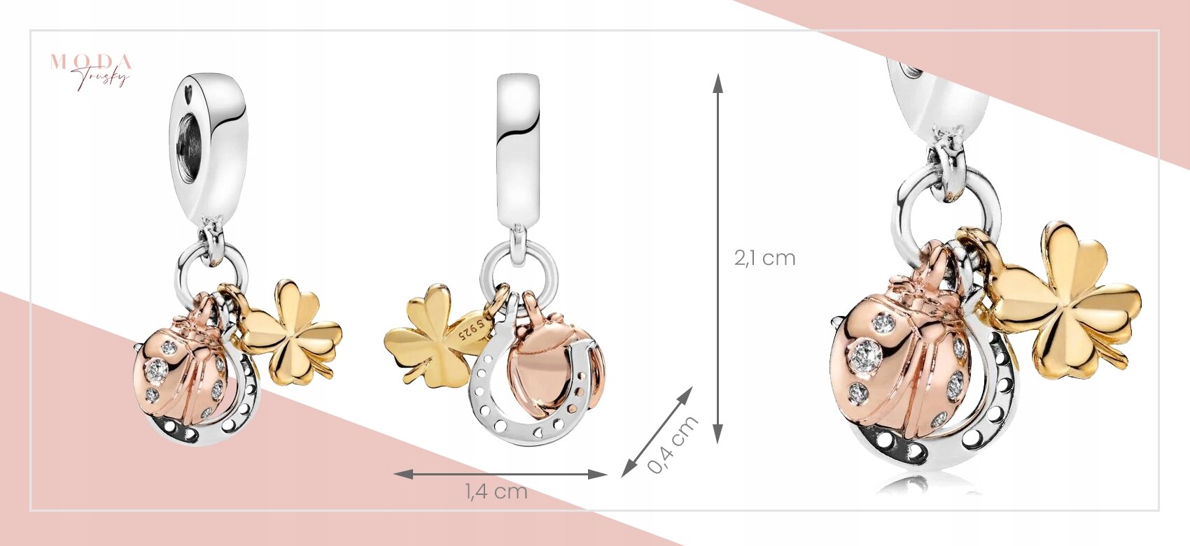 Zawieszka charms z motywem biedronki, koniczyny i podkowy w kolorach złotym i srebrnym, z wymiarami 2,1 cm wysokości i 1,4 cm szerokości. Widoczne logo: MODA Jewelry.