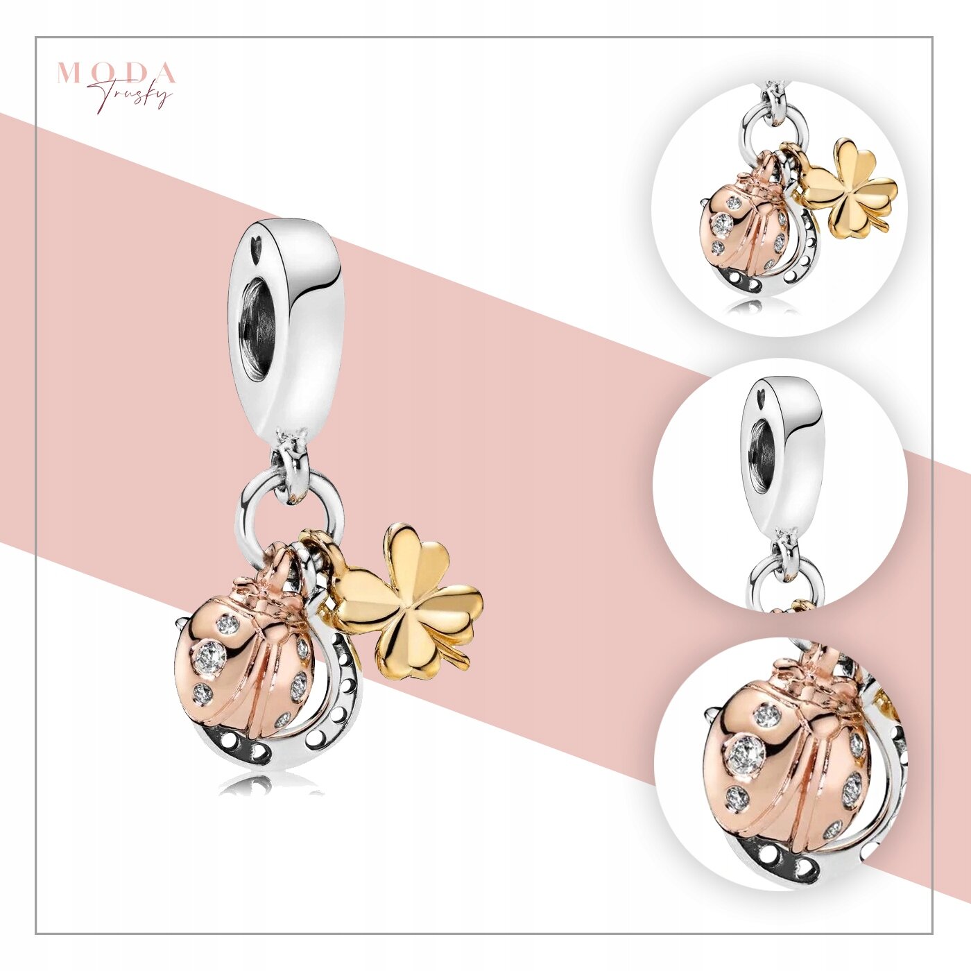 Zawieszka charms przedstawia biedronkę z kryształkami oraz złoty koniczynowy listek. W tle widoczne jest logo \'MODA Trusky\'.