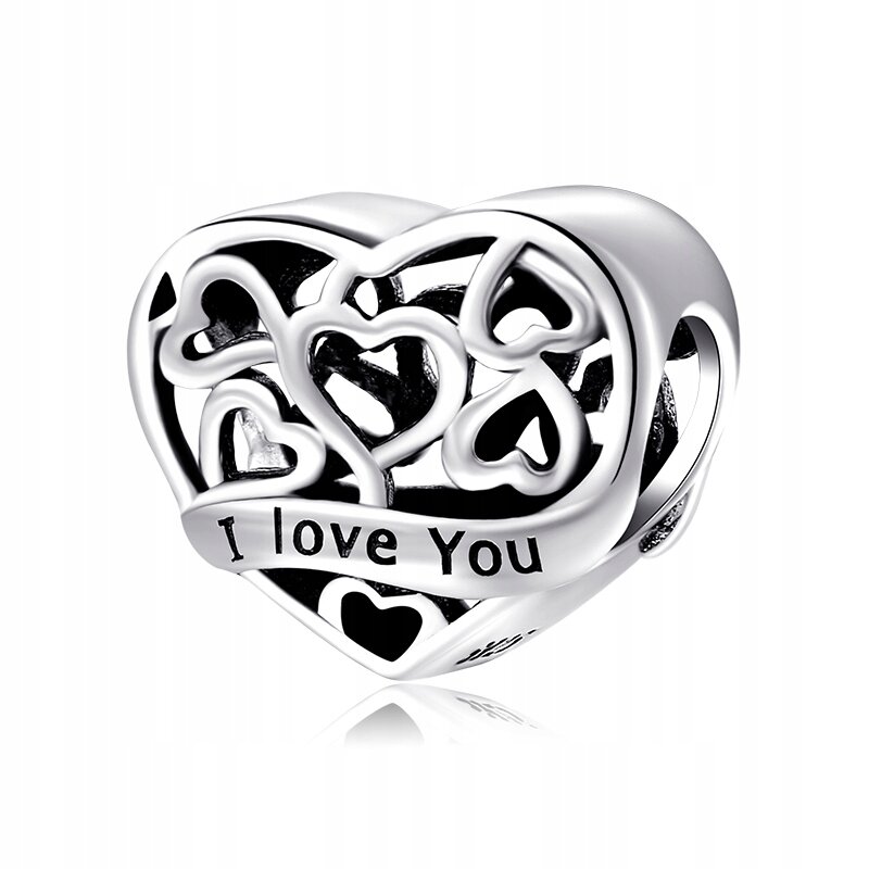 Srebrna zawieszka w kształcie serca z wyciętymi mniejszymi sercami i napisem \'I love You\'.