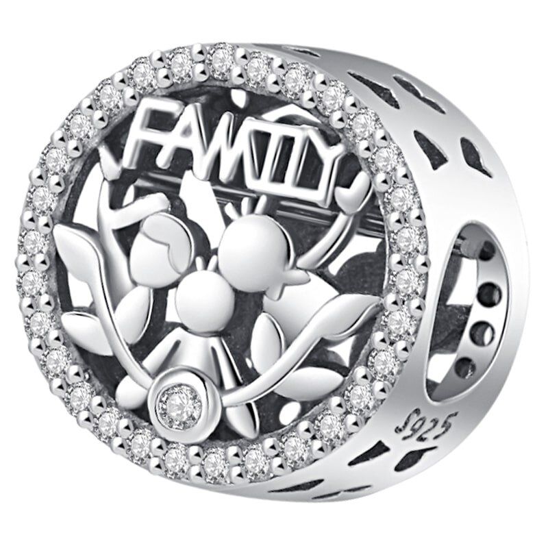 Srebrna zawieszka charms z napisem \'FAMILY\' otoczona cyrkoniami. Widoczne są motywy roślinne i oznaczenie \'S925\'.