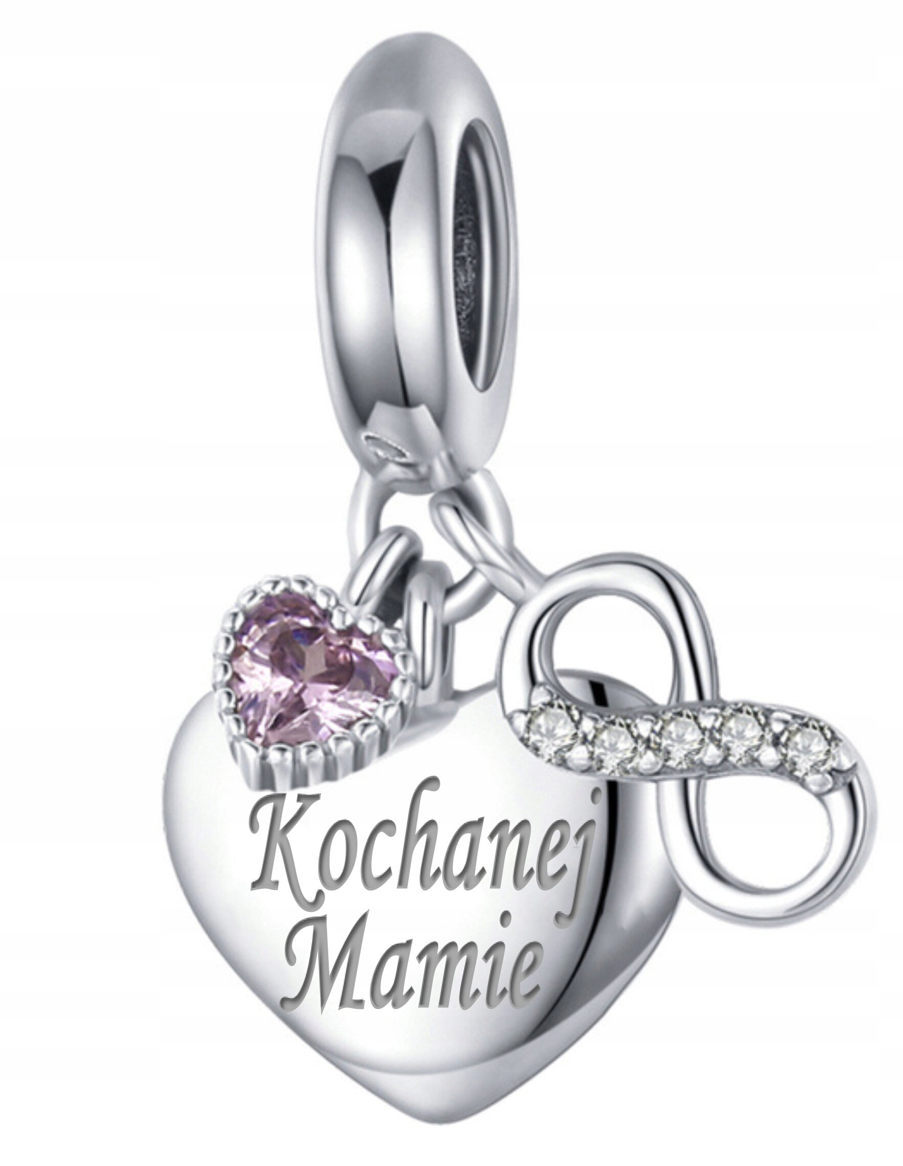 Srebrna zawieszka charms w kształcie serca z wygrawerowanym napisem \'Kochanej Mamie\'. Obok serca znajduje się fioletowy kamień w kształcie serca oraz symbol nieskończoności ozdobiony małymi kamieniami.