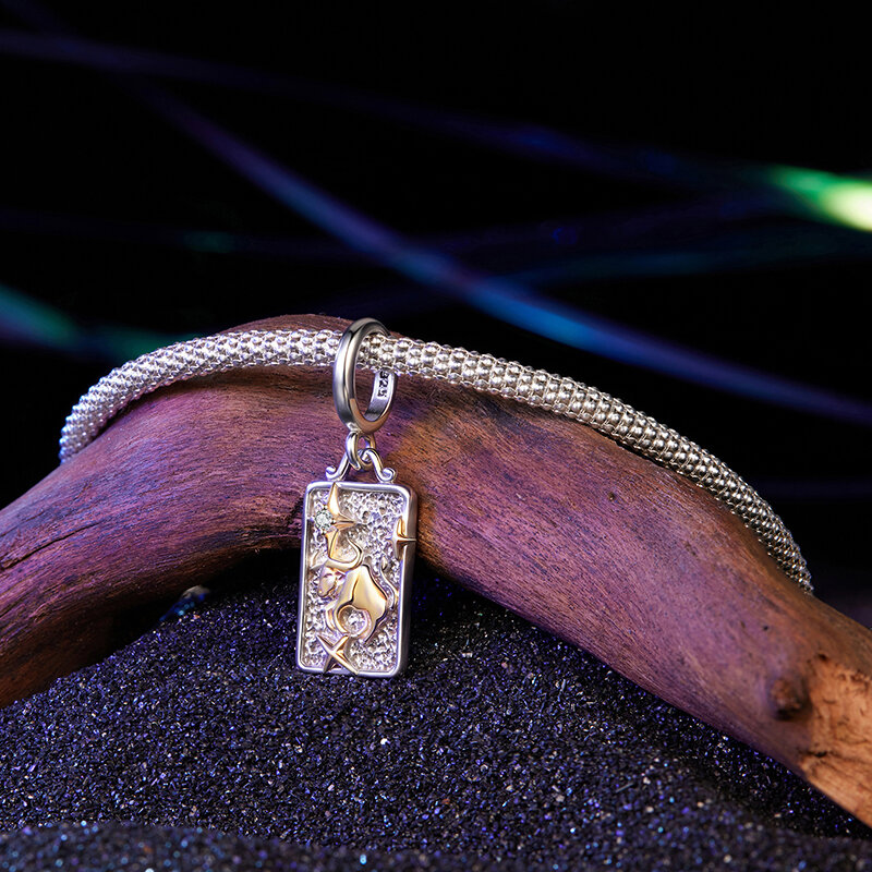 Na zdjęciu widoczna jest srebrna zawieszka charms z motywem zodiakalnym, umieszczona na plecionym łańcuszku. Tło stanowi ciemny, błyszczący piasek i kawałek drewna.
