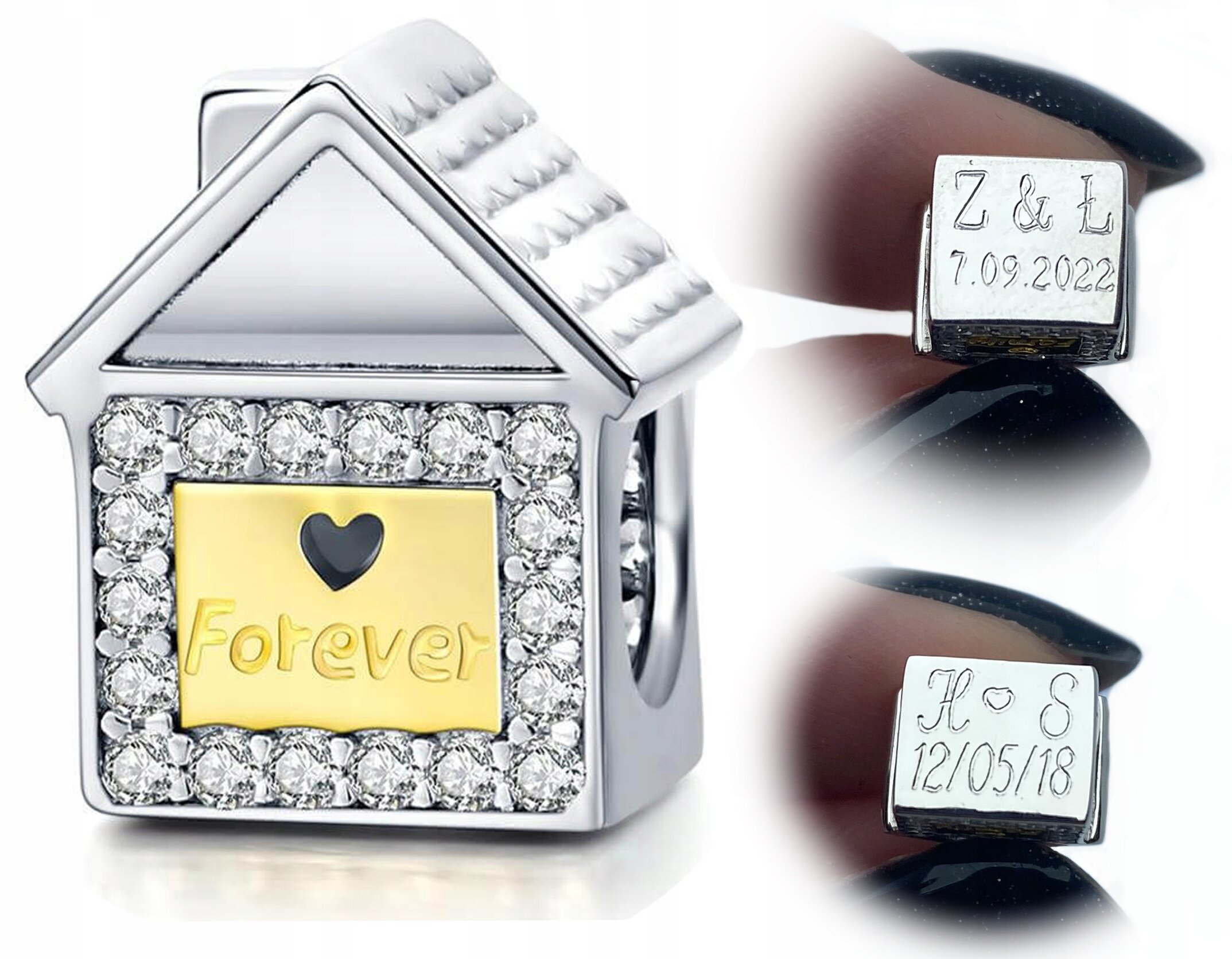 Srebrny charms w kształcie domu z grawerem \'Forever\' na złotej tabliczce, otoczony błyszczącymi kamieniami. Dodatkowo widoczne są dwa grawery: \'Z & L 7.09.2022\' oraz \'K - S 12/05/18\'.