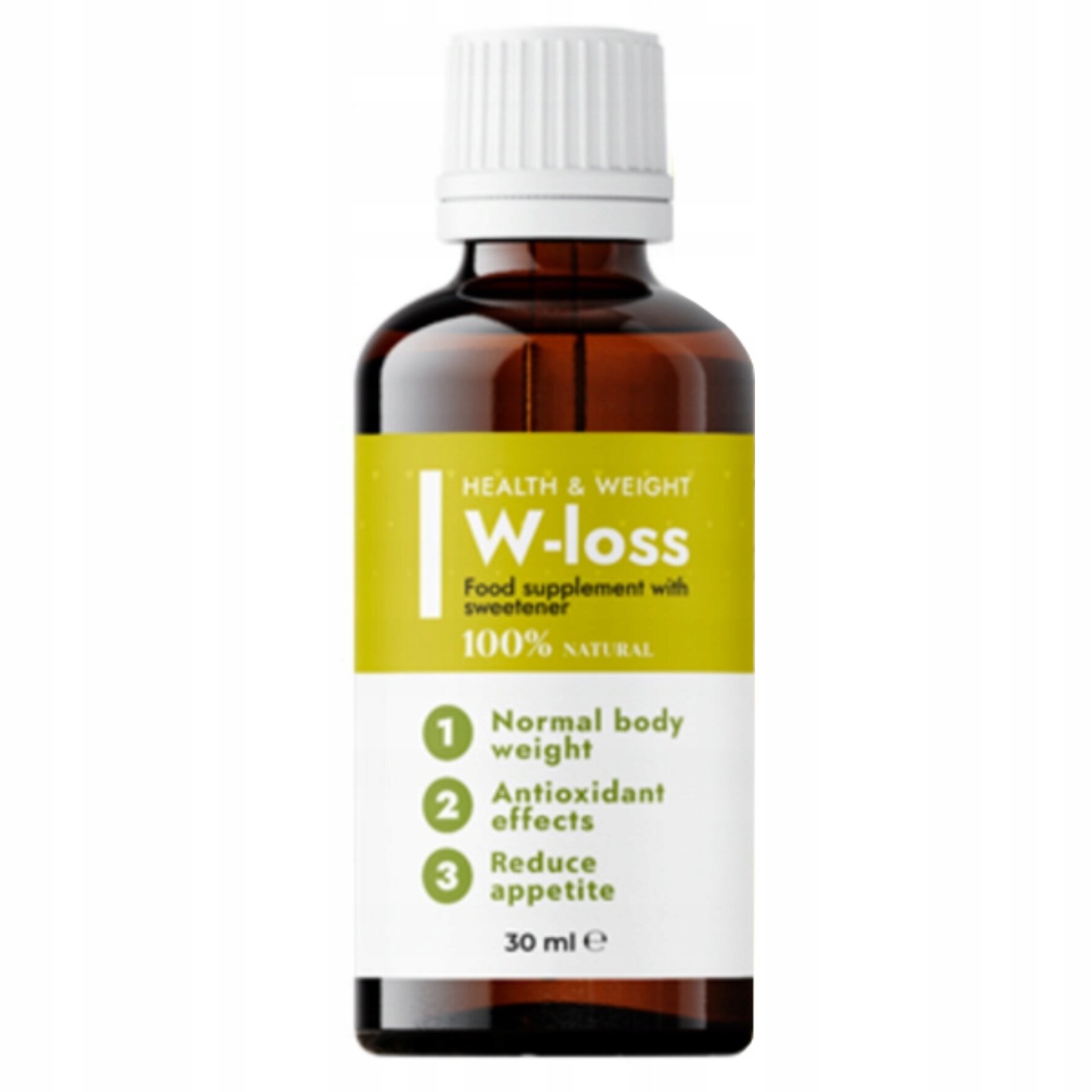 Butelka z ciemnego szkła z białą nakrętką, na której widnieje etykieta z napisem: \'HEALTH & WEIGHT W-loss Food supplement with sweetener 100% NATURAL\'. Na dole etykiety znajdują się punkty: \'1 Normal body weight\', \'2 Antioxidant effects\', \'3 Reduce appetite\', oraz oznaczenie pojemności \'30 ml\'.