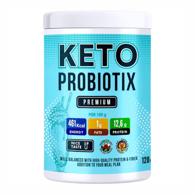 Opakowanie produktu z napisem \'KETO PROBIOTIX PREMIUM\'. Zawiera informacje: 461 Kcal, 1g tłuszczu, 12,6g białka na 100g oraz hasła \'NICE TASTE\' i \'WELL BALANCED WITH HIGH-QUALITY PROTEIN & FIBER ADDITION TO YOUR MEAL PLAN\'.