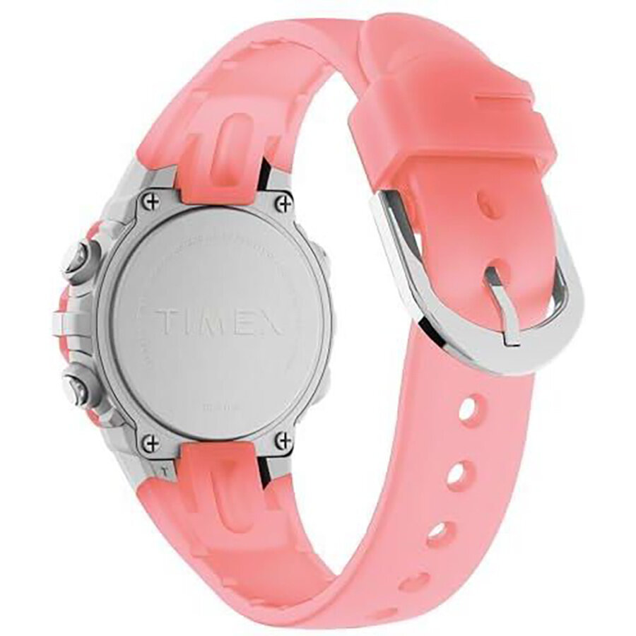 Zegarek z różowym paskiem i srebrną kopertą, na której widnieje napis \'TIMEX\'.