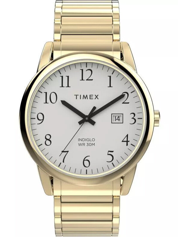 Zegarek z okrągłą, złotą kopertą i białą tarczą z czarnymi cyframi arabskimi. Na tarczy widoczne są napisy: \'TIMEX\', \'INDIGLO\', \'WR 30M\' oraz okienko datownika z liczbą \'14\'.