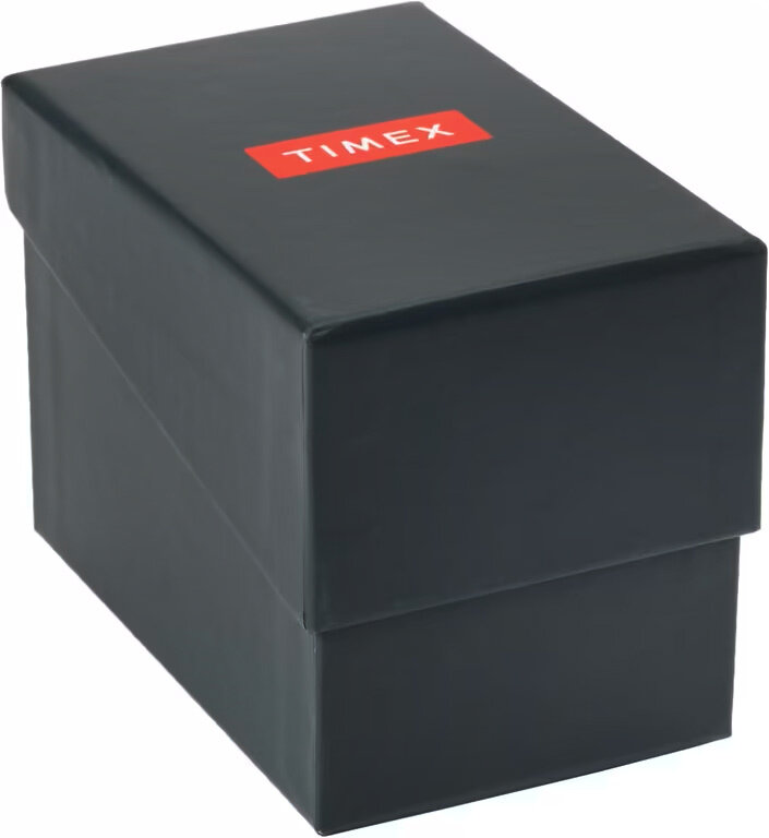 Czarne pudełko z czerwonym logo \'TIMEX\' na górze.