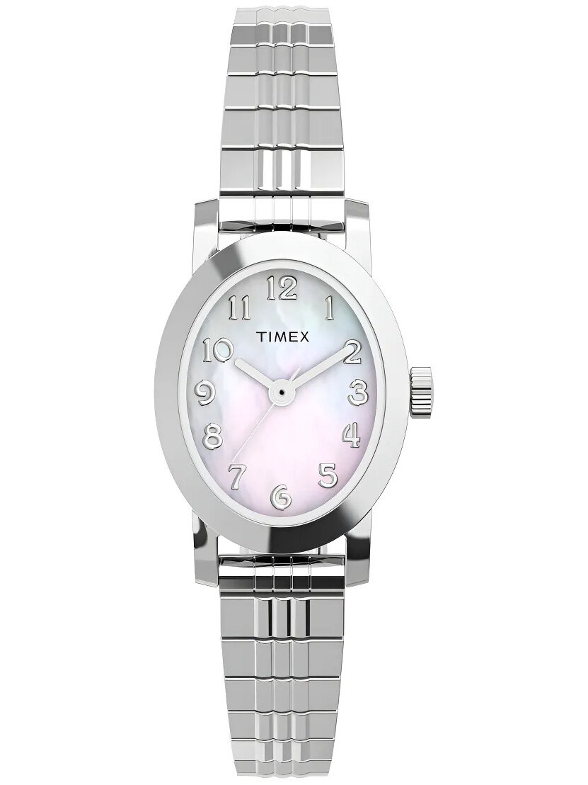 Zegarek damski z metalową bransoletą i okrągłą tarczą w kolorze perłowym. Na tarczy widoczne są cyfry arabskie oraz logo \'TIMEX\'.