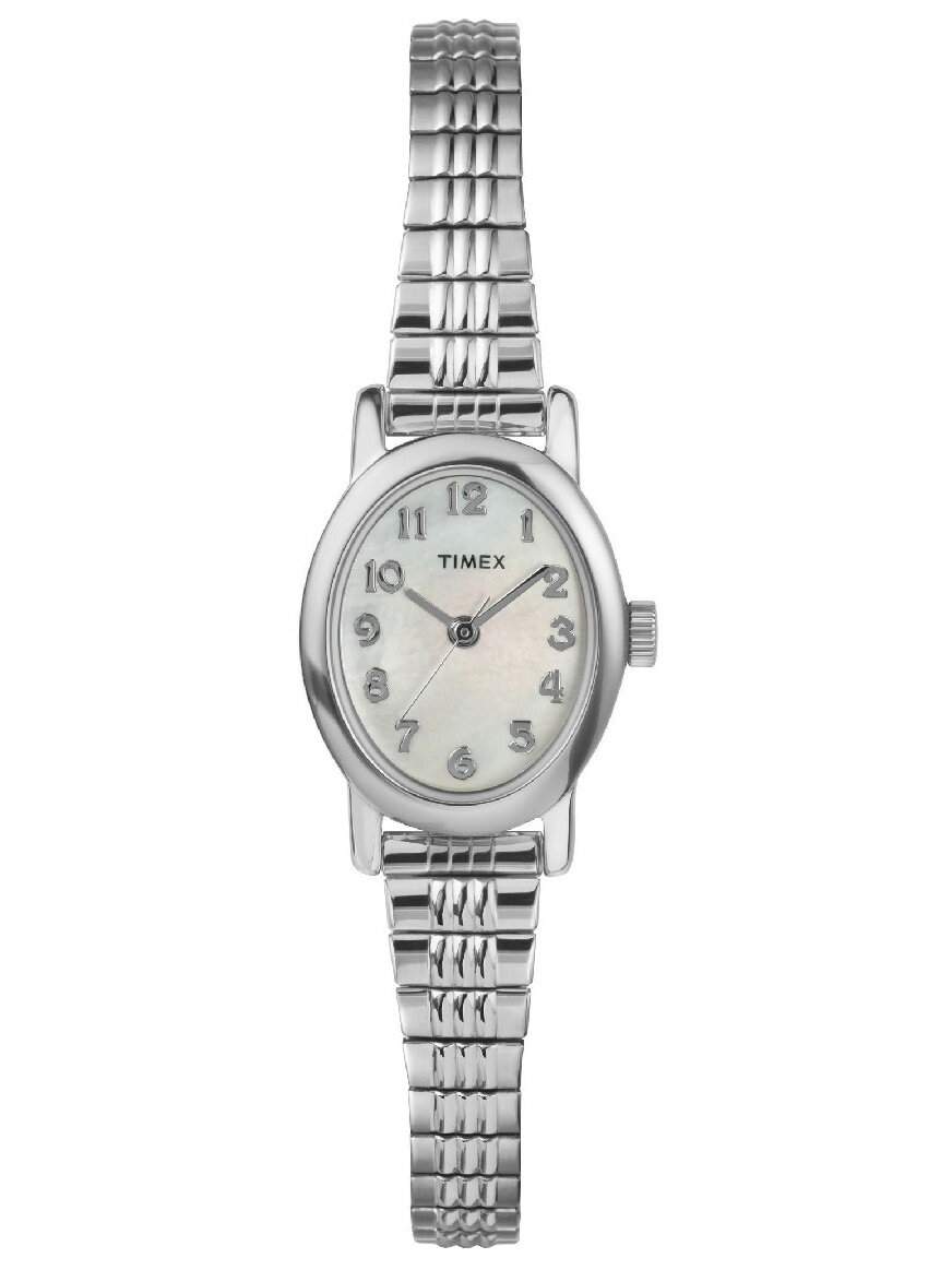 Srebrny zegarek z metalową bransoletą i owalną tarczą. Na tarczy widoczne są cyfry arabskie oraz napis \'TIMEX\'.
