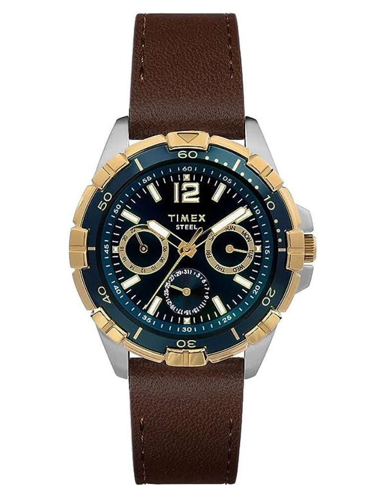 Zegarek z brązowym paskiem i okrągłą tarczą w kolorze czarnym z trzema mniejszymi cyferblatami. Na tarczy widoczny jest napis \'TIMEX STEEL\'.
