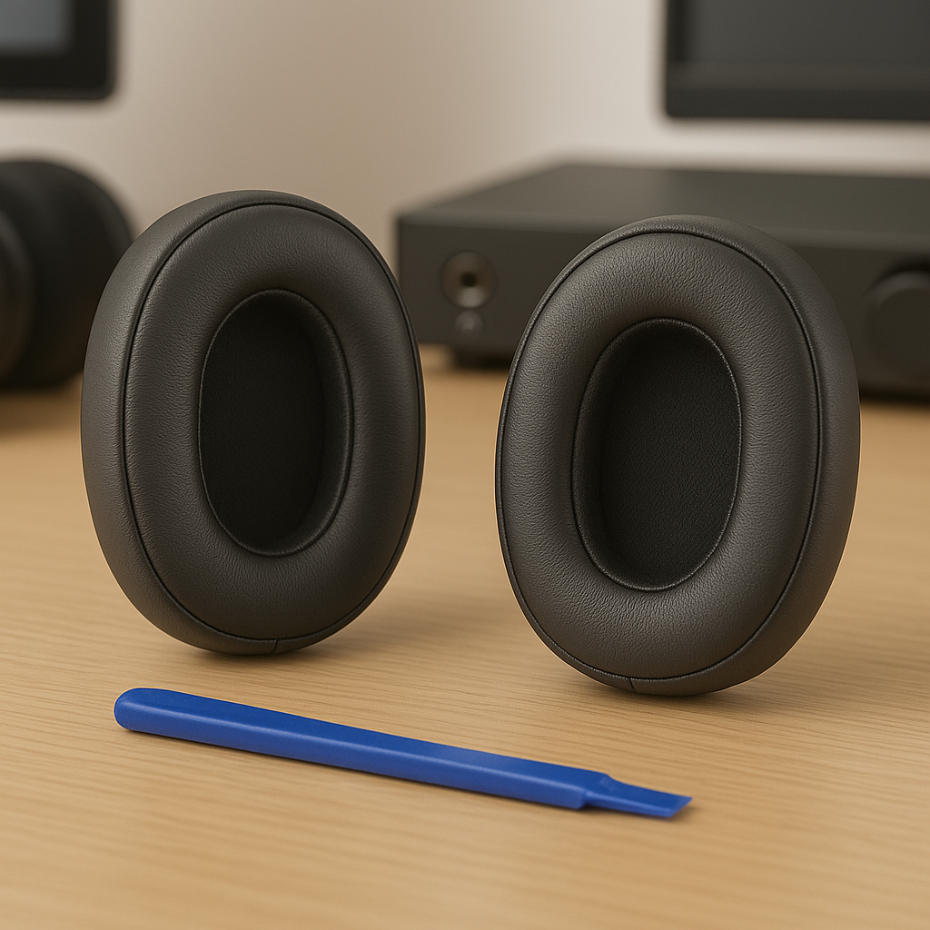 Dwa czarne pady nauszne leżą na drewnianej powierzchni obok niebieskiego narzędzia. W tle widoczny jest sprzęt elektroniczny.