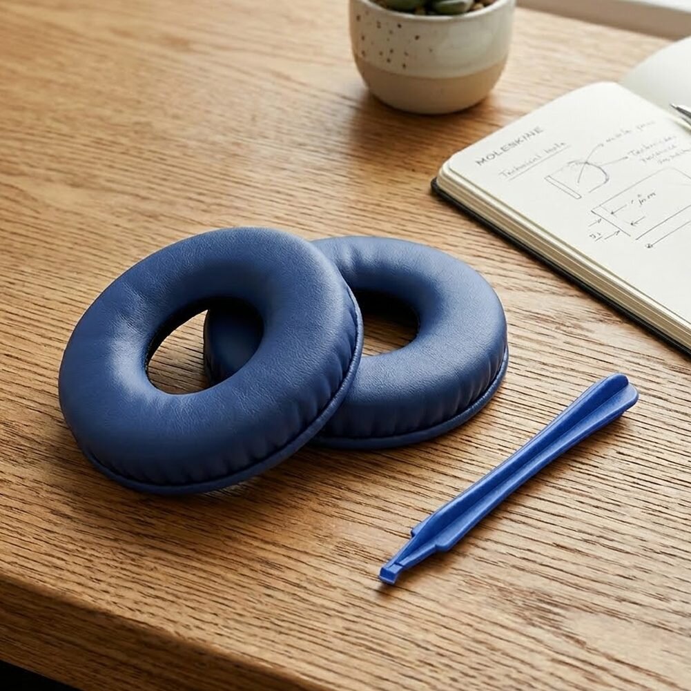 Na drewnianym stole leżą dwa niebieskie nauszniki oraz niebieskie narzędzie. Obok znajduje się otwarty notes z rysunkami technicznymi i napisem \'MOLESKINE\'.