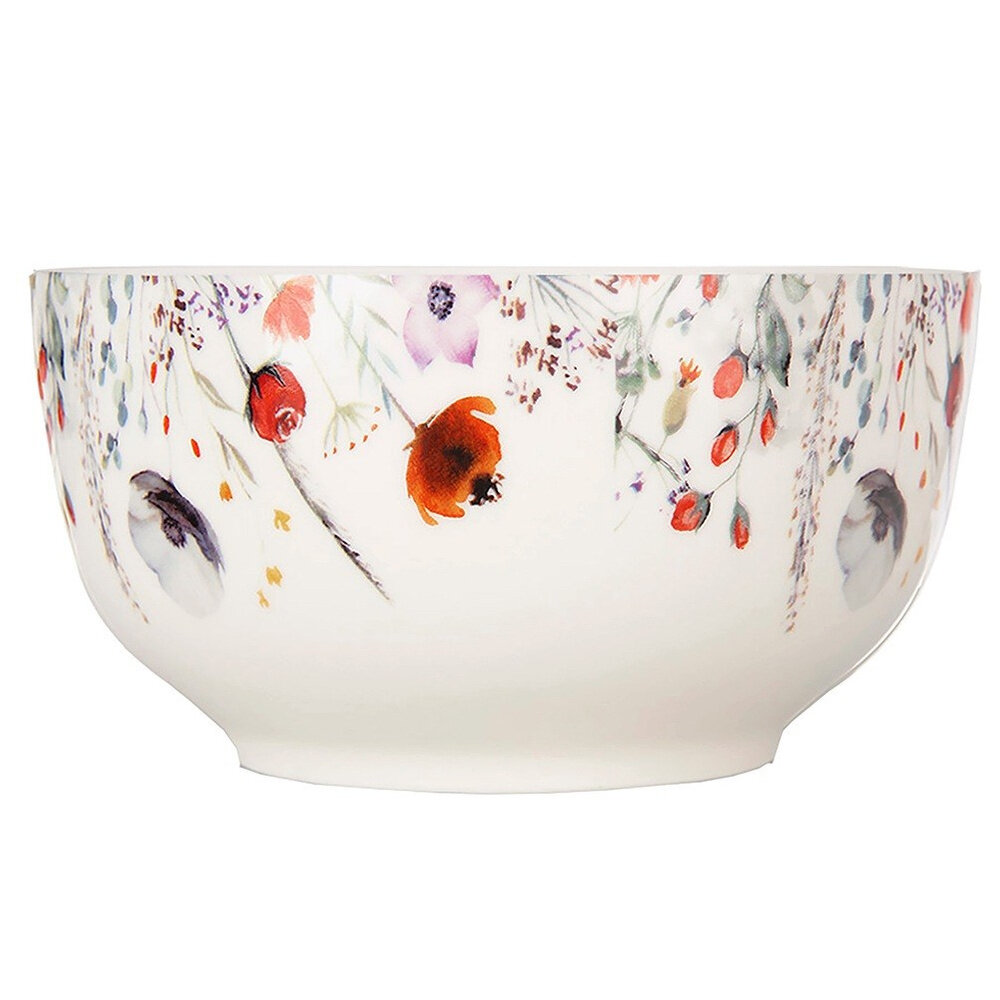 Porcelanowa miseczka ozdobiona kolorowym wzorem kwiatowym, w tym makami i innymi roślinami. Miseczka ma gładką, białą powierzchnię z delikatnym połyskiem.