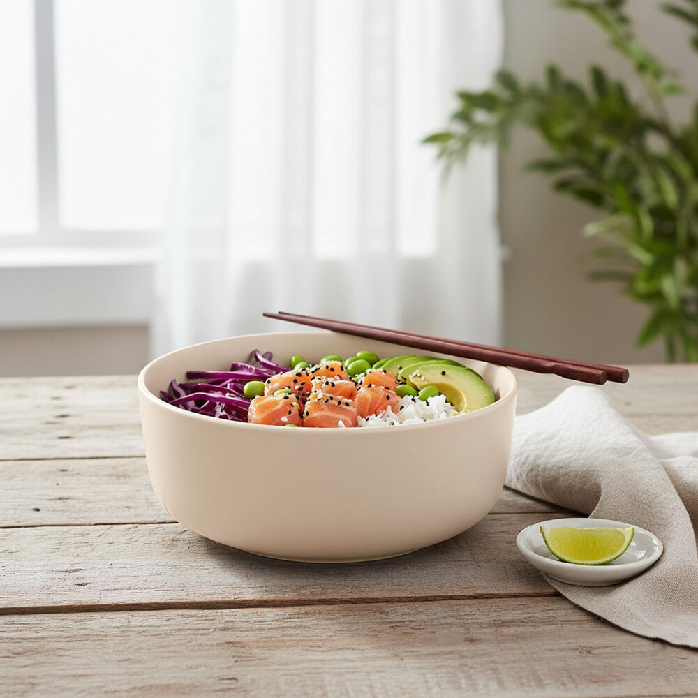 Kremowa miseczka ceramiczna wypełniona ryżem, łososiem, awokado, edamame i czerwoną kapustą, z pałeczkami ułożonymi na górze. Obok na stole znajduje się mały talerzyk z kawałkiem limonki.