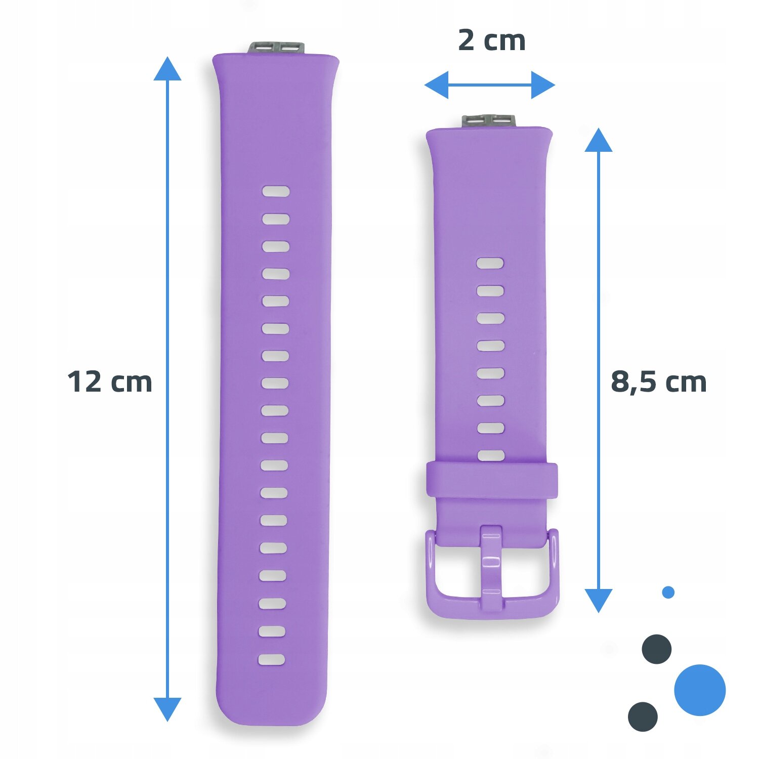 Dwa fioletowe paski do smartwatcha z otworami, jeden o długości 12 cm, drugi 8,5 cm. Szerokość obu pasków wynosi 2 cm.