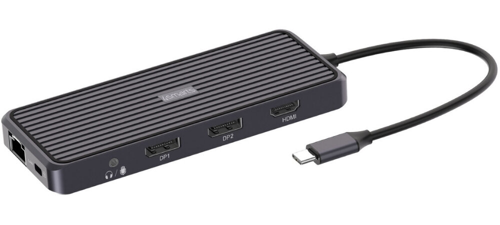 Stacja dokująca 4SMARTS SmartDock 11w1 zdjęcie produktowe na białym tle 11 portów displayport hdmi 4k 60hz usb-a usb-c pd 3.0 100w audio mikrofon ethernet 1gbps kensington lock