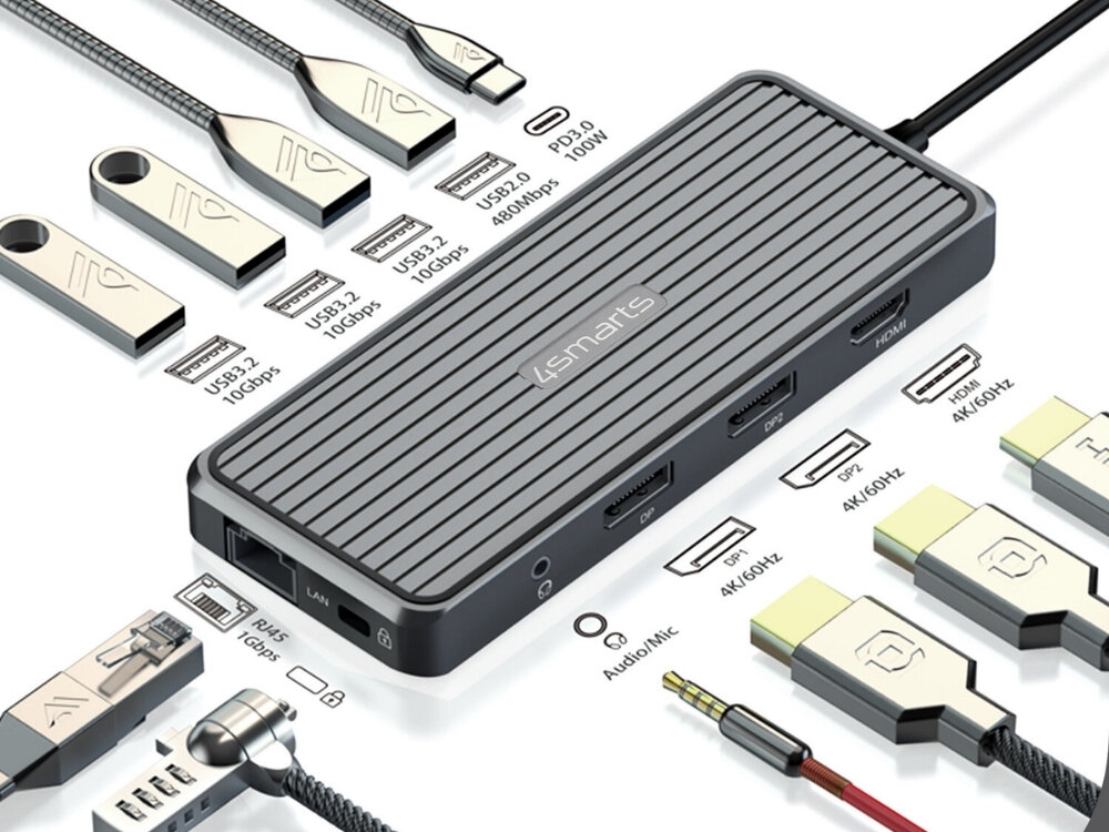 Stacja dokująca 4SMARTS SmartDock 11w1 zdjęcie produktowe na białym tle z opisanymi portami waga 145g minimalistyczna podróż konstrukcja wygoda 