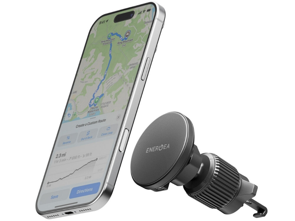 Uchwyt na telefon ENERGEA MagDrive Kit z ładowarką samochodową zdjęcie produktowe na białym tle utrzymuje smartfon wygoda bezpieczeństwo