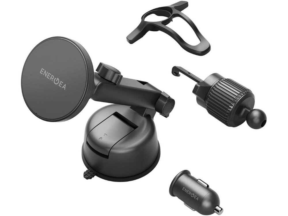 Uchwyt na telefon ENERGEA MagDrive Kit z ładowarką samochodową zdjęcie produktowe na białym tle instalacja na szybie deska rozdzielcza kratka nawiewu regulowane ramię obrót 360