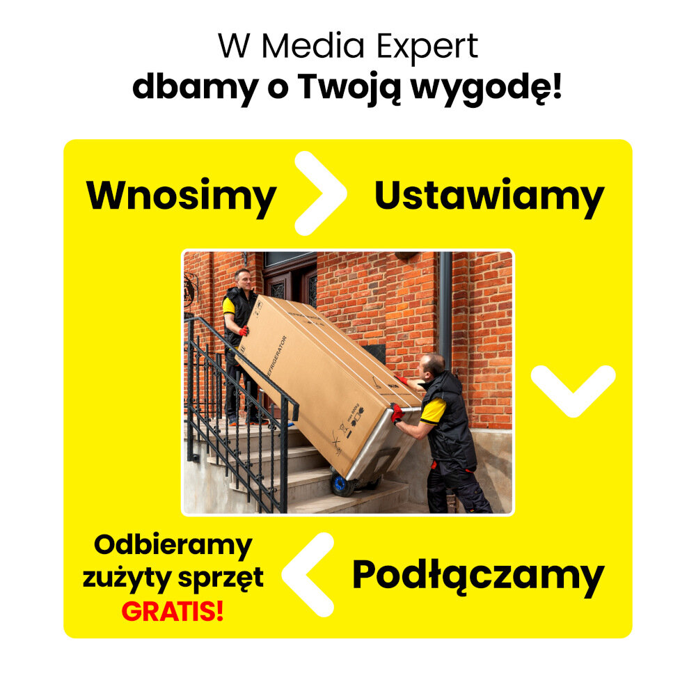Na obrazie widoczni są dwaj mężczyźni wnoszący duże kartonowe pudło po schodach. Tekst na obrazie: \'W Media Expert dbamy o Twoją wygodę! Wnosimy > Ustawiamy > Podłączamy Odbieramy zużyty sprzęt GRATIS!\'.