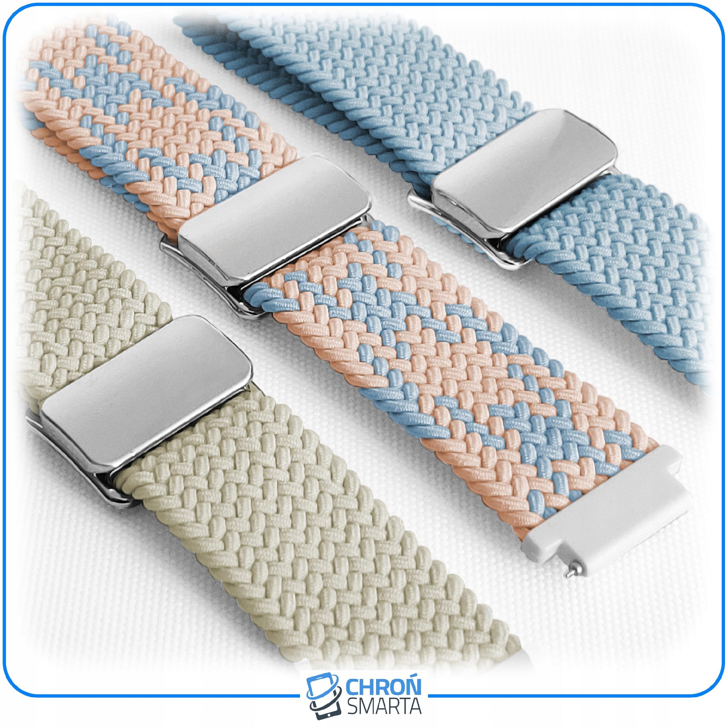 Trzy plecione paski do smartwatcha w kolorach beżowym, niebieskim i różowym z metalowymi zapięciami. Na dole widoczne logo \'CHROŃ SMARTA\'.