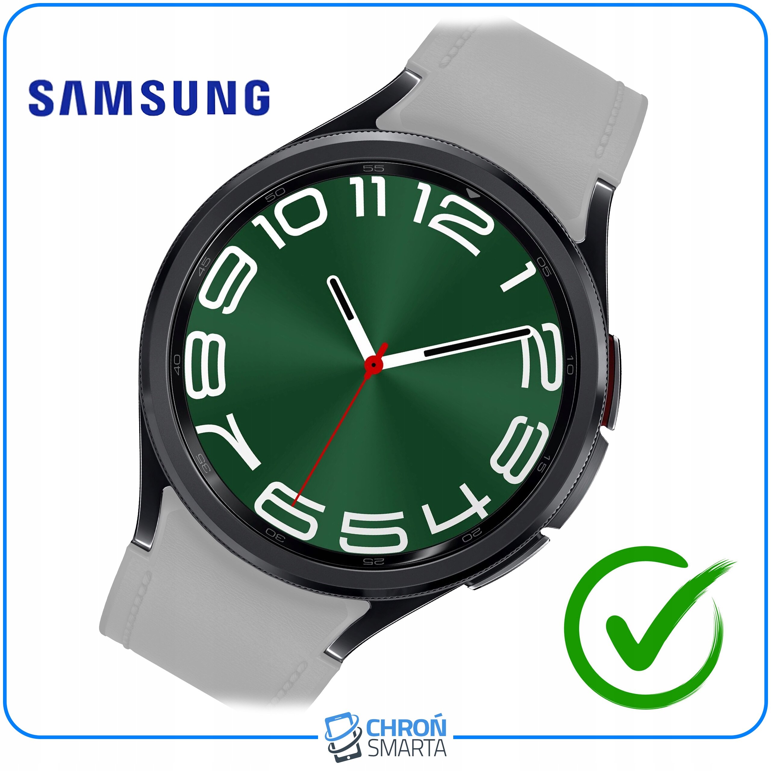 Smartwatch z zieloną tarczą i białymi cyframi, z szarym paskiem. Widoczne logo \'SAMSUNG\' oraz \'CHROŃ SMARTA\'.