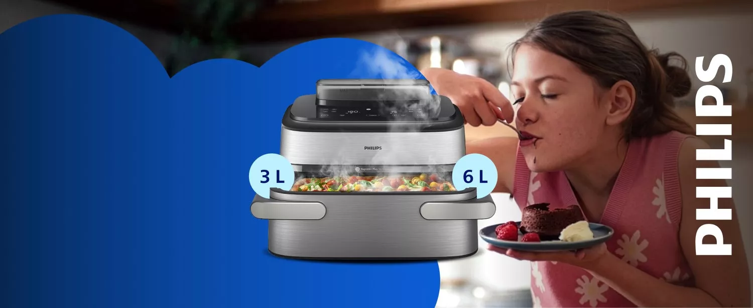 Obraz przedstawia frytkownicę beztłuszczową marki Philips z parującym jedzeniem w środku. Obok znajduje się osoba jedząca deser z talerza, a po prawej stronie widnieje napis \'PHILIPS\'.