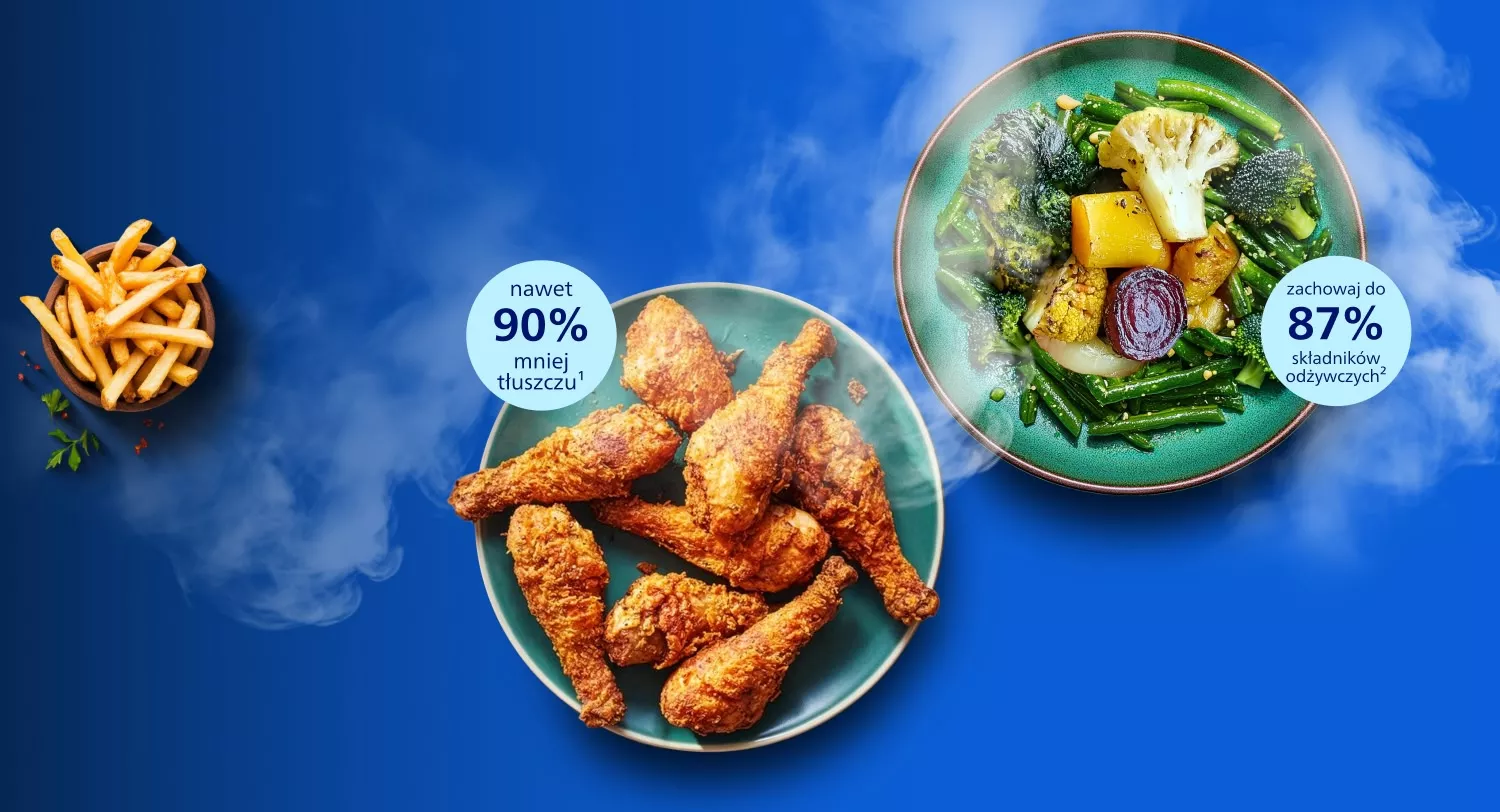 Na niebieskim tle znajdują się trzy talerze z jedzeniem: frytki, smażone udka kurczaka oraz warzywa. Obok talerzy widoczne są napisy: \'nawet 90% mniej tłuszczu\' oraz \'zachowaj do 87% składników odżywczych\'.