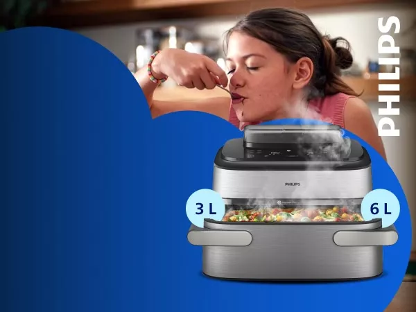 Na obrazie widoczna jest frytkownica beztłuszczowa z logo Philips, z której unosi się para. Obok znajduje się kobieta jedząca łyżką, a na frytkownicy oznaczenia pojemności 3 L i 6 L.