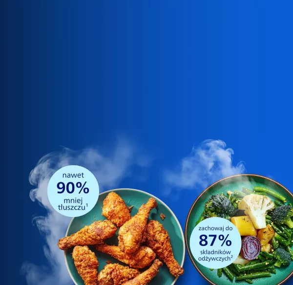 Na niebieskim tle znajdują się dwa talerze z jedzeniem; na jednym smażone kawałki kurczaka, na drugim warzywa. Obok talerzy widnieją napisy: \'nawet 90% mniej tłuszczu\' oraz \'zachowaj do 87% składników odżywczych\'.