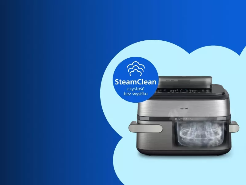 Obraz przedstawia frytkownicę beztłuszczową marki Philips z funkcją SteamClean. Na niebieskim tle widoczny jest napis \'SteamClean czystość bez wysiłku\'.