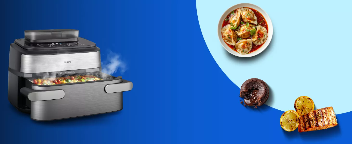 Na niebieskim tle znajduje się frytkownica beztłuszczowa z logo Philips, z której unosi się para. Obok widoczne są potrawy: pierożki na talerzu, czekoladowe ciastko i grillowany łosoś z cytryną.