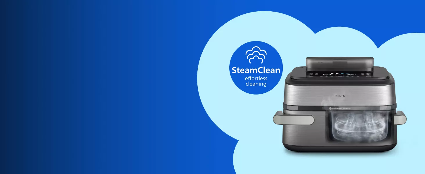 Obraz przedstawia frytkownicę beztłuszczową marki Philips z widocznym logo i parą wewnątrz urządzenia. Obok znajduje się niebieskie koło z napisem \'SteamClean effortless cleaning\'.