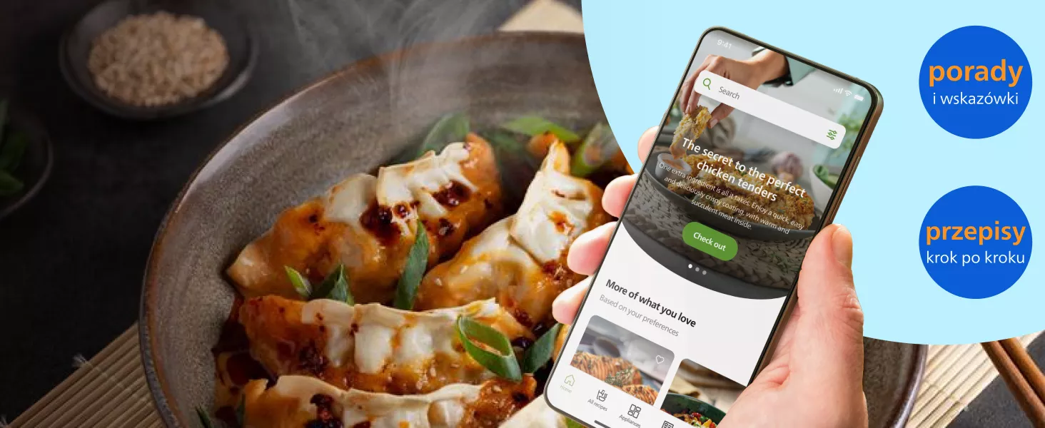 Na obrazie widoczna jest miska z potrawą oraz dłoń trzymająca smartfon z aplikacją kulinarną. Obok znajdują się napisy: \'porady i wskazówki\' oraz \'przepisy krok po kroku\'.