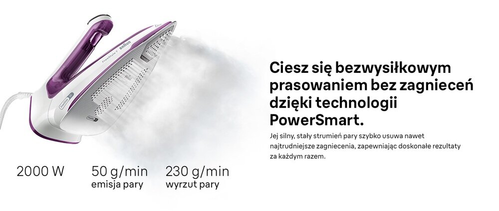 Obraz przedstawia żelazko z wbudowanym generatorem pary, emitujące parę. Obok znajduje się tekst: \'Ciesz się bezwysiłkowym prasowaniem bez zagnieceń dzięki technologii PowerSmart. Jej silny, stały strumień pary szybko usuwa nawet najtrudniejsze zagniecenia, zapewniając doskonałe rezultaty za każdym razem.\' oraz specyfikacje: \'2000 W\', \'50 g/min emisja pary\', \'230 g/min wyrzut pary\'.