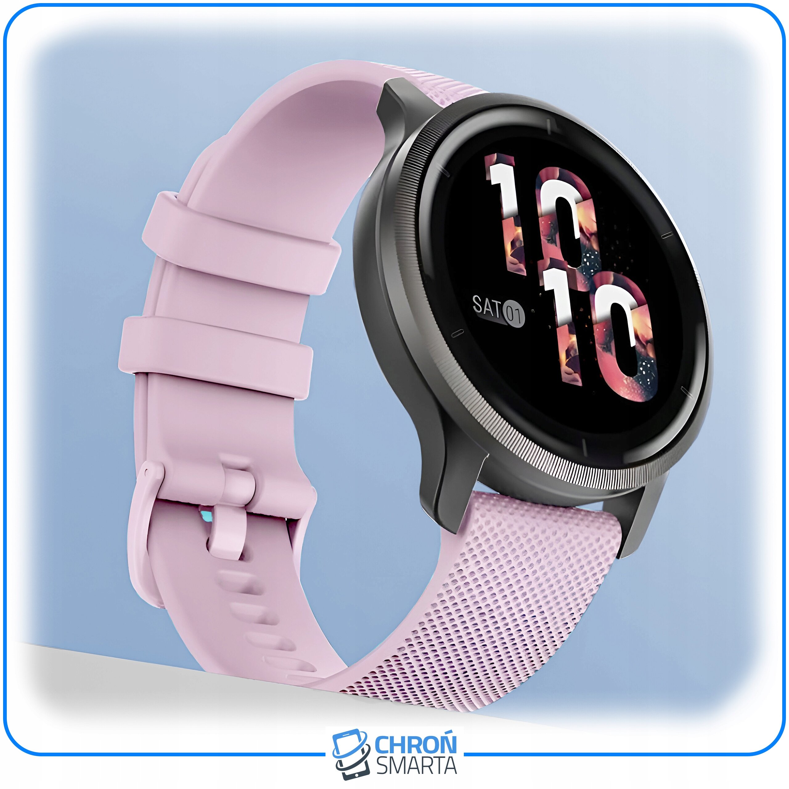 Smartwatch z różowym paskiem i wyświetlaczem pokazującym godzinę 10:10 oraz datę SAT 01. Na dole widoczne jest logo \'CHROŃ SMARTA\'.