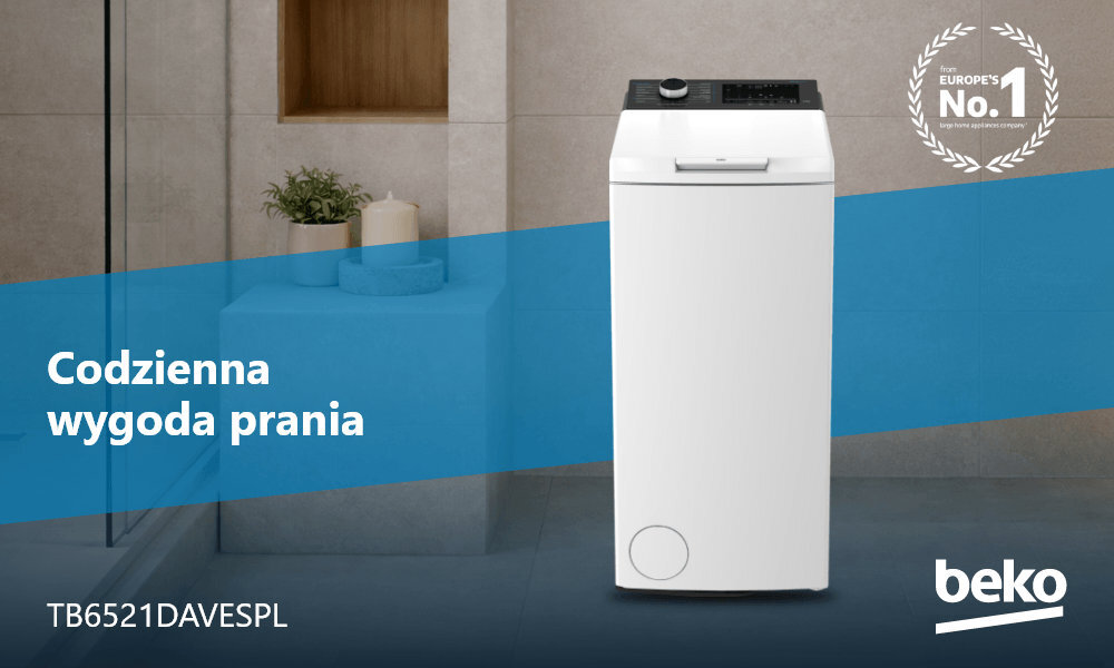 Obraz przedstawia pralkę w nowoczesnym wnętrzu łazienki z napisem \'Codzienna wygoda prania\'. Widoczne są również teksty \'TB6521DAVESPL\' oraz logo \'beko\'.