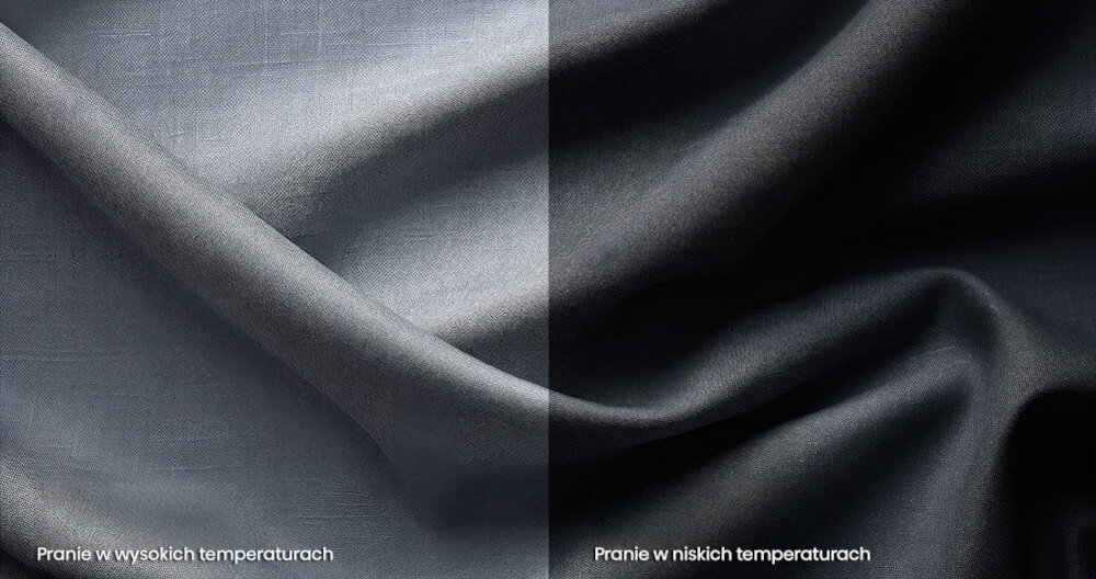 Obraz przedstawia dwa kawałki materiału, jeden jaśniejszy z napisem \'Pranie w wysokich temperaturach\', drugi ciemniejszy z napisem \'Pranie w niskich temperaturach\'.