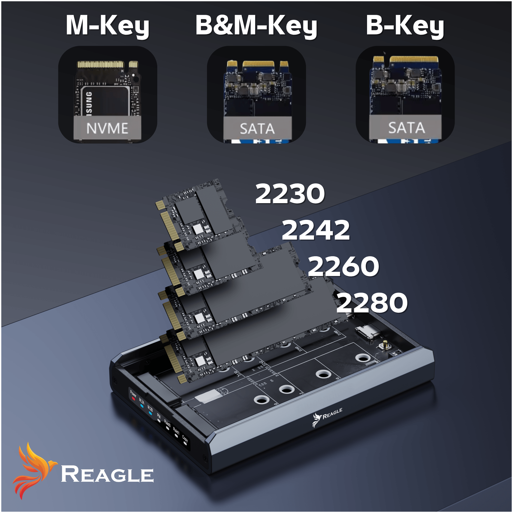 Obraz przedstawia dwuzatokową obudowę na dyski z logo Reagle, z kilkoma dyskami SSD M.2 w różnych rozmiarach (2230, 2242, 2260, 2280) umieszczonymi nad nią. Na górze widoczne są trzy typy kluczy: M-Key z napisem NVME, B&M-Key i B-Key z napisem SATA.