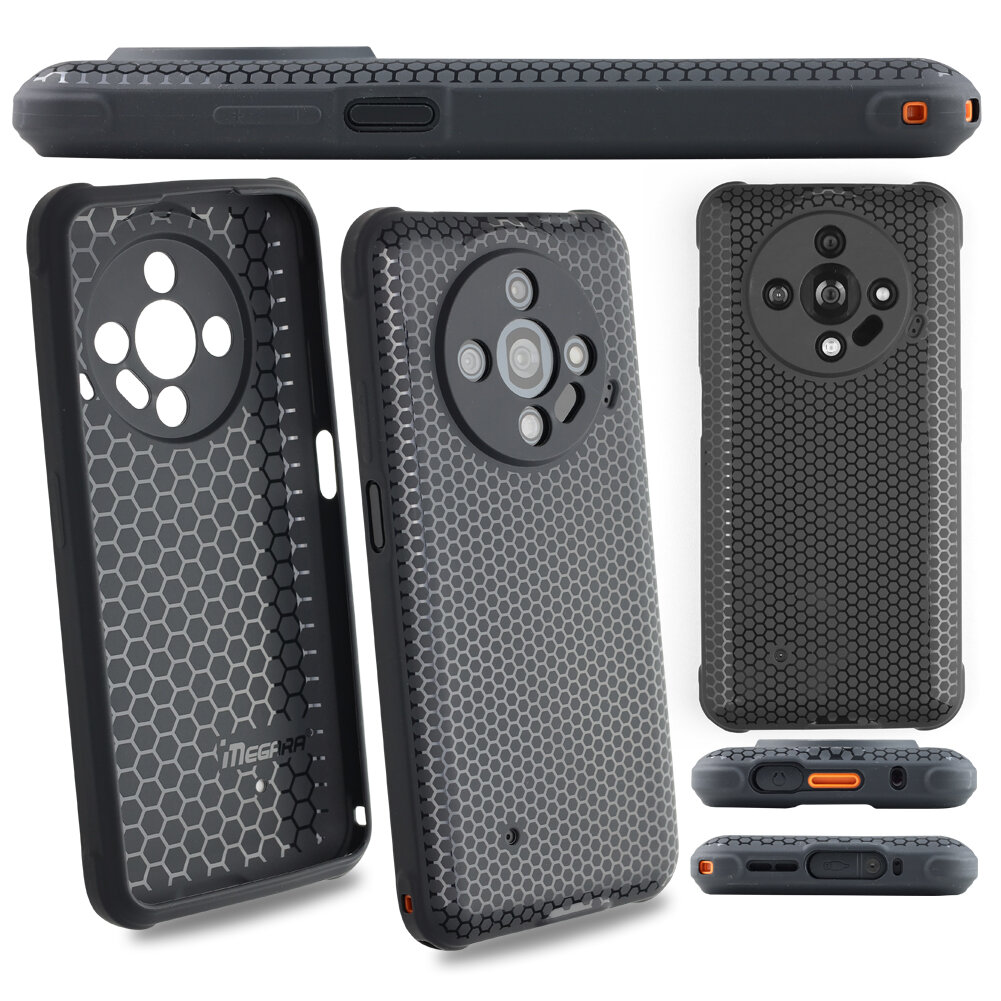 Obraz przedstawia etui na telefon z wzorem plastra miodu i wycięciami na aparat. Na etui widoczne jest logo \'iMEGARA\'.