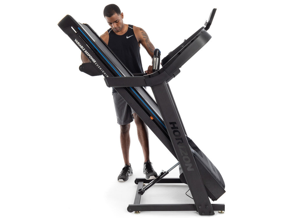 Bieżnia elektryczna HORIZON FITNESS 7.0 AT system FEATHER LIGHT FOLDING rama powierzchni biegowej jest skladana silne silowniki gazowe system ryglujacy prowadnice w pozycji pionowej