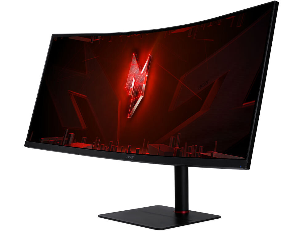 Monitor ACER Nitro XV345CURX0BMIIPPHX 34 cale 3440x1440px 200Hz 0.5 ms [GTG] Curved prezentacja monitora od przodu pod kątem na białym tle sRGB 99% realistyczne intensywne kolory immersja przyjemny dla oka obraz