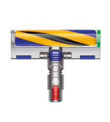 Głowica odkurzacza z kolorowymi elementami w odcieniach żółtego, niebieskiego i zielonego. Centralna część ma metaliczny wygląd z czerwonym akcentem.