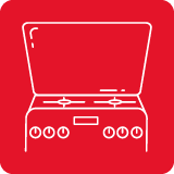 Ikona przedstawia zarys kuchenki z czterema pokrętłami i dwoma palnikami, na czerwonym tle.