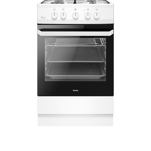 Biała kuchnia gazowa z czterema pokrętłami na panelu sterowania i piekarnikiem z przeszklonymi drzwiczkami. Na froncie widoczne jest logo \'Amica\'.