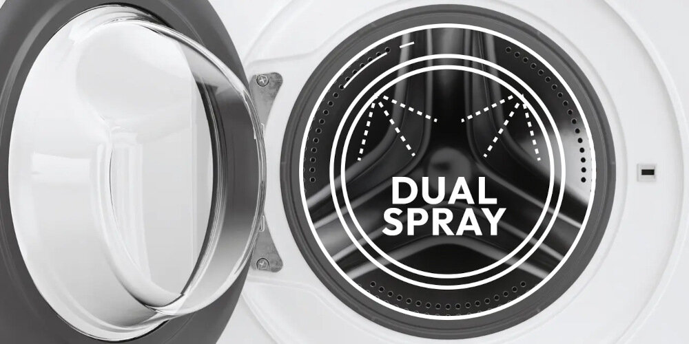 PRALKA HAIER HW90G-BD14979U1S lifestyle wizualizacja otwarte drzwiczki bęben wnętrze grafika Smart Dual Spray automatyczny system czyszczenia Smart Dual Spray czyszczenie bębna higiena dłuższa żywotność