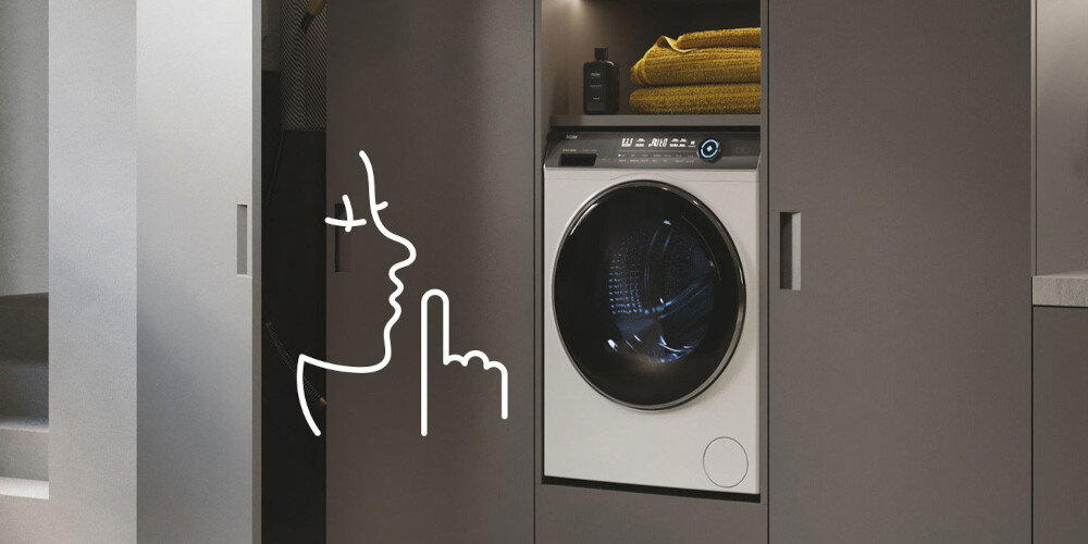 PRALKA HAIER HW90G-BD14979U1S lifestyle wizualizacja ikona cisza pralka w zabudowie bok cicha praca bez zakłócania spokoju 70 dB