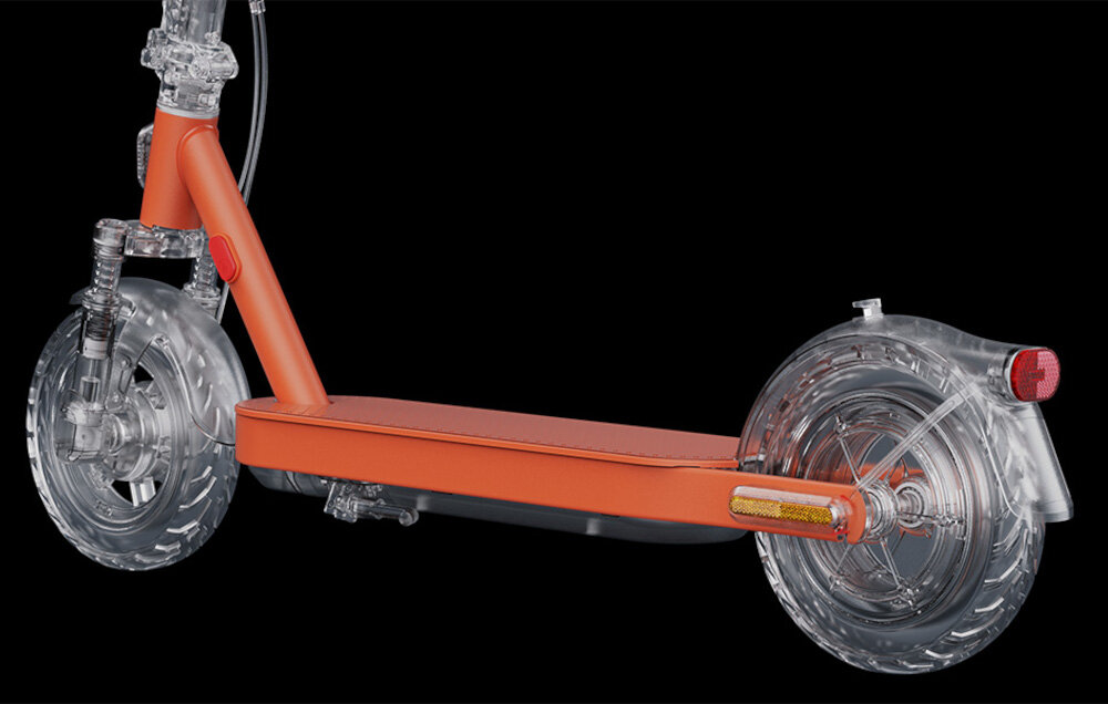 Hulajnoga elektryczna XIAOMI Scooter Elite 45km 400W 10 cali Czarny zbliżenie na dół hulajnogi podkreślony kolorem podest i rama wytrzymała konstrukcja ze stali węglowej udźwig do 120 kg dużym antypoślizgowy deck