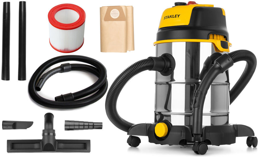Odkurzacz STANLEY SXVC30XTDE wyposazenie zestaw filtr HEPA worek papierowa przejsciowka do stosowanego w elektronarzedziach zlacza ssawka do podlogi ssawka szczelinowa ssawka do dywanow i tapicerki zespolona szczotka do podlog